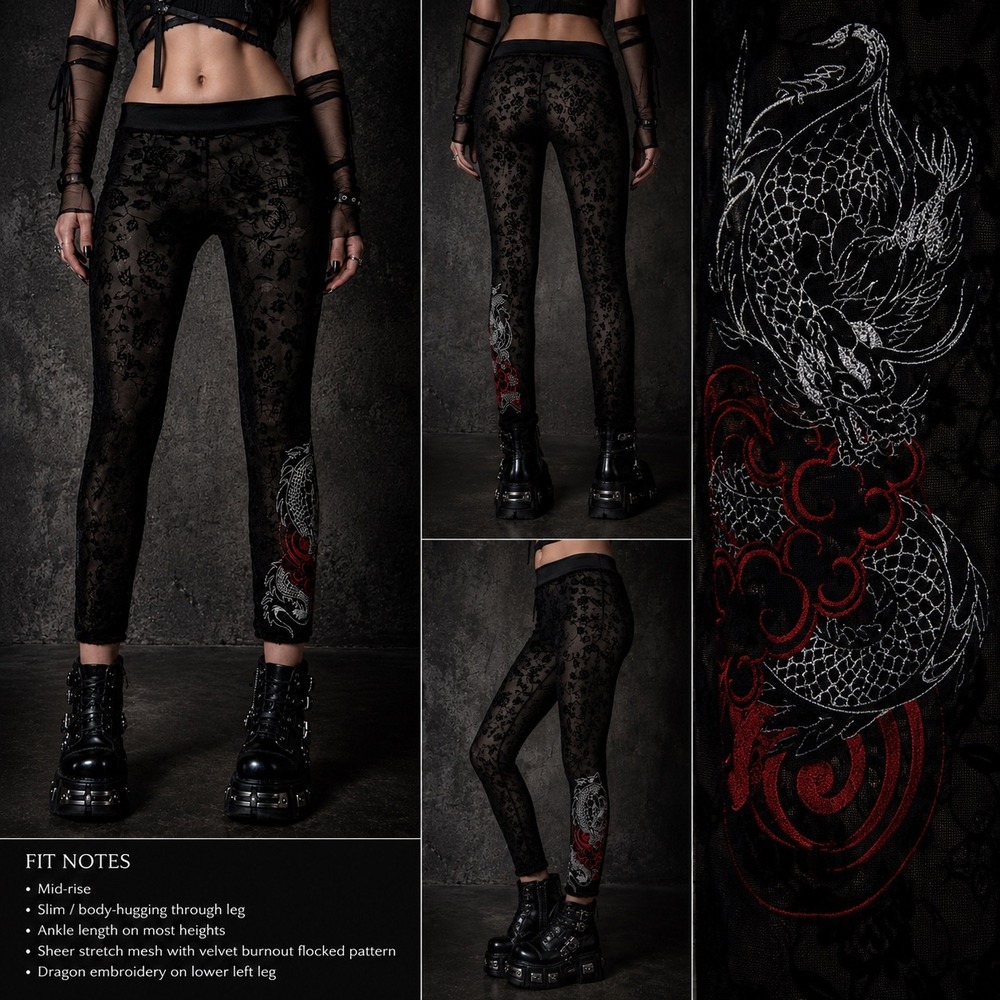 Women Sheer Velvet Burn Out‎ Leggings XS Black Dragon Embroidery Goth Emo Punk